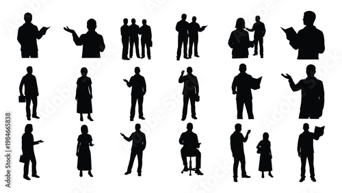 A collection of black silhouettes depicting various people in conversational and professional poses high quality detailed