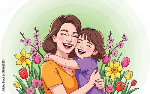 Mother and child hug flowers.