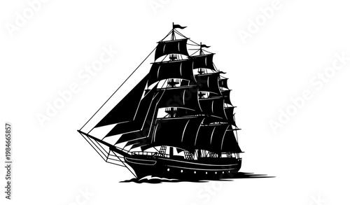 Tall sailing ship vector silhouette nautical full sails sea travel