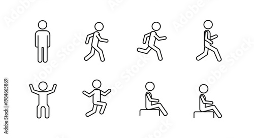 Stick Figure Poses And Actions Simple Line Art Icons.
