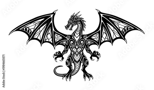 Abstract tribal dragon vector wings claws black ink line art design