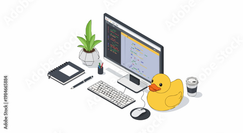 Isometric Software Developer Workspace with Rubber Duck Debugging, Code on Monitor, and Office Supplies
