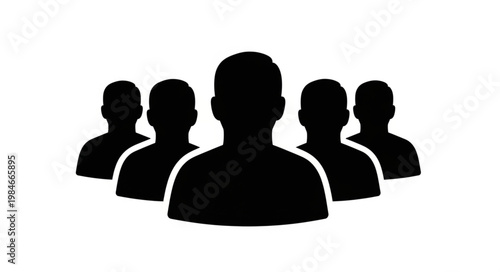 Group of five people silhouettes in black and white.