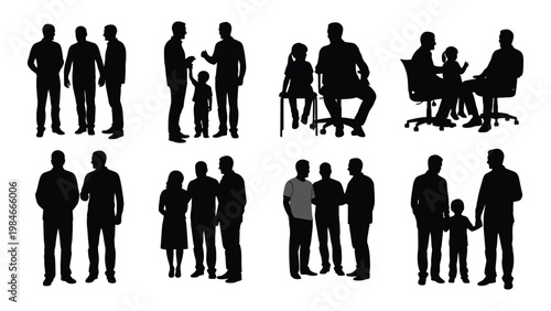 A collection of black silhouettes depicting various family and group arrangements showcasing diverse interactions high quality