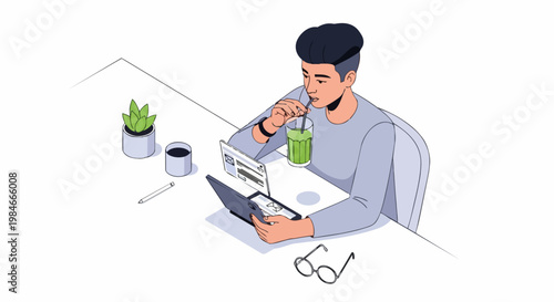 Young Man Freelancer Working on Tablet and Drinking Healthy Green Smoothie at Desk