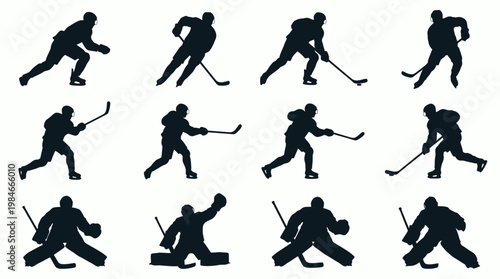 Black silhouettes of professional ice hockey players and goalies in various action poses, concept for sports tournament poster, athlete identity and winter games competition branding
