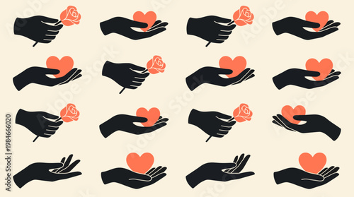 Grid of black hand silhouettes presenting red hearts, symbolizing care, generosity, giving, and emotional support