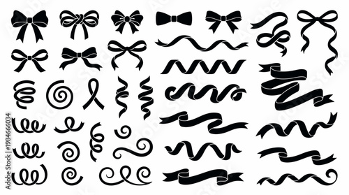 Collection of black decorative ribbon silhouettes, elegant gift bows and curly festive streamers on white, concept for graphic design, gift packaging and wedding invitation ornamentation