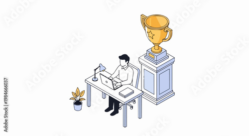 Isometric Illustration of a Businessman Working at a Desk Next to a Giant Golden Trophy, Success and Career Achievement Concept