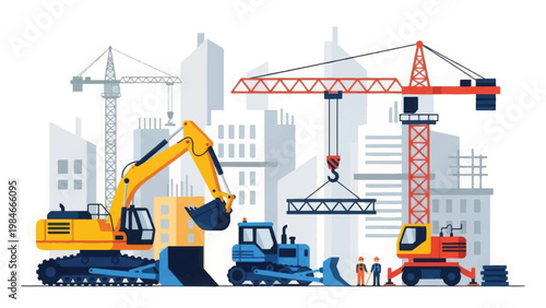 Urban Construction Site Vector Illustration. Heavy Machinery, Excavator, Bulldozer, and Tower Cranes Building Modern City Infrastructure and Real Estate Development.