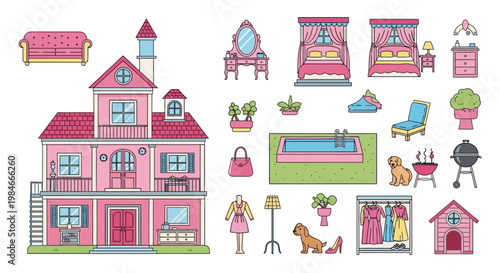 Playful pink dollhouse scene with pool, furniture, and pet accessories.