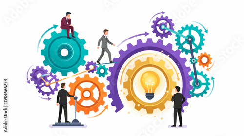 Professional strategist and manager collaborating around complex moving gears with a glowing lightbulb, concept for business innovation, strategic workflow and teamwork efficiency