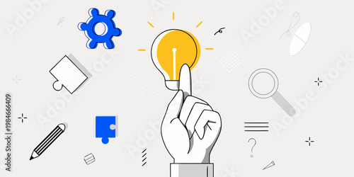 A hand pressing a glowing lightbulb symbolizing a bright idea