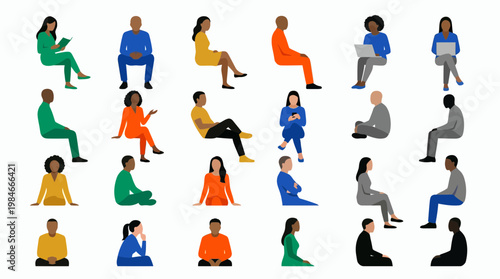 Diverse flat vector office managers and executive assistants sitting in various poses using laptops or reading, concept for architectural visualization, business layout and social diversity