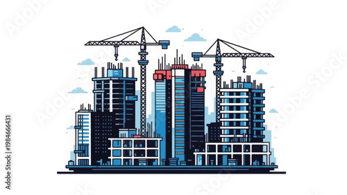 Vector Illustration of Modern City Construction Site. High-Rise Buildings Development, Architecture, and Industrial Tower Cranes.