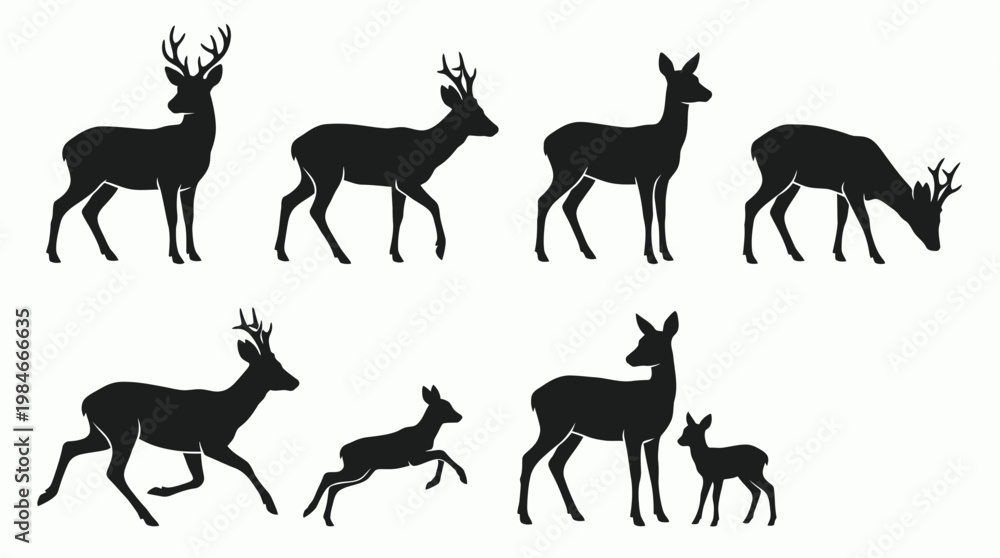 Fototapeta premium Set of black deer silhouettes featuring buck with antlers doe and fawn in various active poses isolated on white background, concept for hunting emblem logo design and wildlife conservation