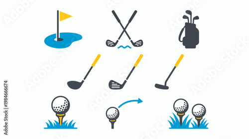 Set of flat vector golf equipment icons with clubs, balls on tees, bags and hole flag isolated on white, concept for sports app design, tournament branding and leisure activity promotion
