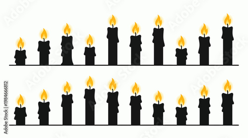 Silhouette of various black candles with glowing yellow flames arranged in rows on a white background, concept for memorial service, funeral background and religious celebration