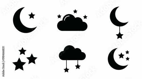Set of black minimalist night sky icons featuring crescent moons clouds and stars isolated on white background, concept for weather forecasting mobile application interface and graphic design
