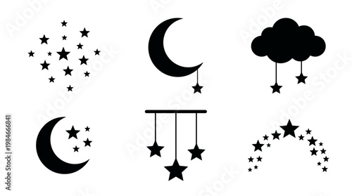 Minimalist black silhouettes icons featuring stars, crescent moon, hanging cloud and mobile decoration, concept for nursery room decor, bedtime story illustration and celestial graphic design