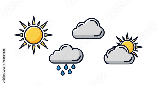 A vibrant and cheerful set of weather icons showcasing the sun, clouds, rain, and sunshine peeking through the clouds, rendered in a modern, flat vector graphic style on a clean white backgr