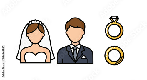 Minimalist vector graphic depicting a bride and groom alongside wedding rings, created in a clean, contemporary line art style with a focus on simplicity, perfect for celebrations and relati
