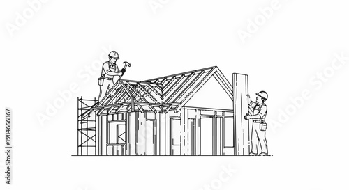Two builders construct a wooden frame house, one on a scaffold fixing the roof