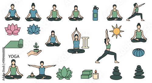 A comprehensive vector collection of yoga poses, elements and icons representing health, wellness, meditation, and exercise in a clean, minimalist, flat design style, for mindfulness-related