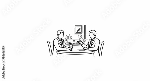 Two businessmen in suits sit at a round table in a restaurant setting