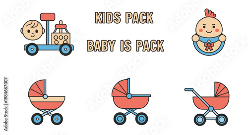 Baby Care and Kids Toys Icon Set in Flat Outline Style