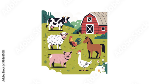 Colorful cartoon scene of farm animals in a lush green meadow with a red barn Vector
