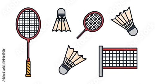 Flat Vector Badminton Equipment Set with Rackets Net and Shuttlecocks