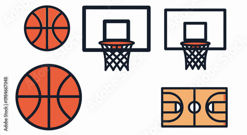 Basketball Sports Equipment Icon Set with Ball Hoop and Court