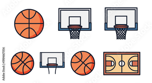 Basketball Icon Set with Ball Hoop and Court Symbols