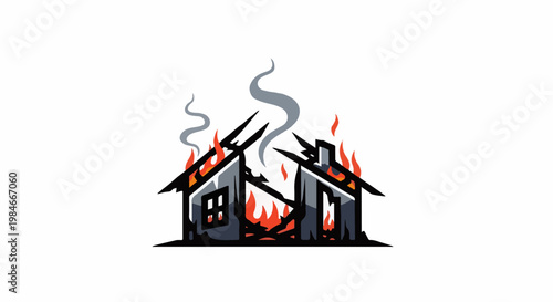 Two cartoon houses engulfed in flames and smoke