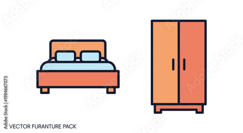 Modern Flat Vector Bedroom Furniture Icons Bed and Wardrobe