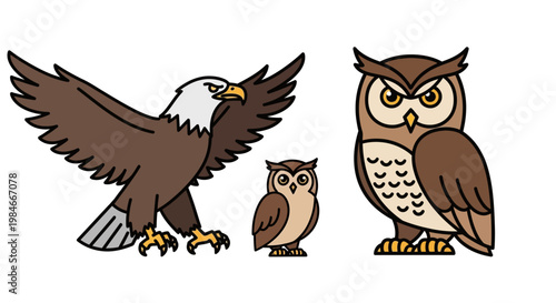 Stylized Eagle and Owl Illustrations Set on White Background