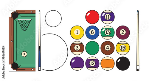 Billiard Pool Table and Equipment Flat Vector Illustration