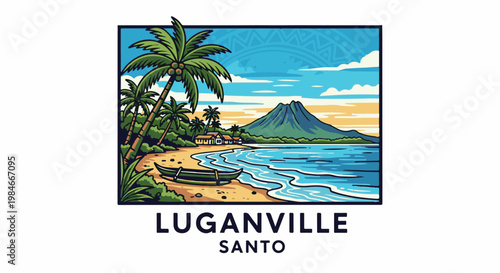 Tropical beach scene with palm trees, volcano, and canoe