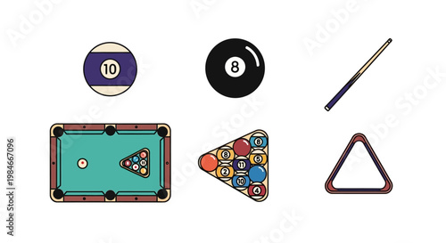 Billiard and Pool Game Icon Set with Cues and Balls