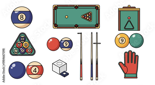 Billiard and Pool Equipment Flat Illustration Icon Set