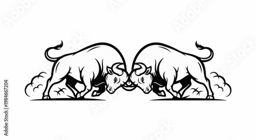 Two charging bulls with horns locked, creating dust clouds