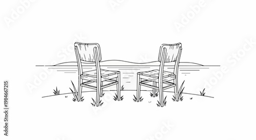 Two chairs sit by calm water's edge, awaiting guests