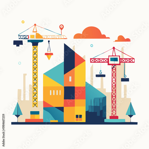 A vibrant vector illustration depicting a modern construction site with two large cranes and a colorful abstract building under construction, set against a stylized cityscape and clouds