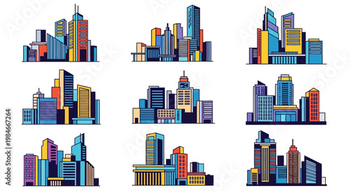 Colorful City Skyline Vector Illustrations Set