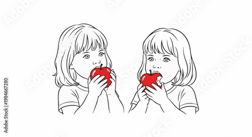 Two children happily biting into bright red apples in a playful drawing