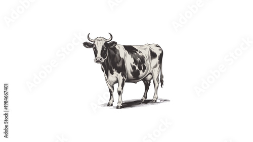 A black and white cow standing in a simple line drawing style Vector