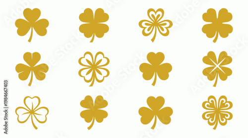 Golden set of clover and four-leaf shamrock icons isolated on white background, concept for Saint Patricks Day celebration, good luck charm and ornamental design elements