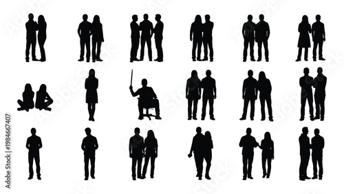 A collection of black silhouette figures depicting various group arrangements and individual poses high quality professional