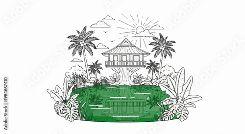 Tropical paradise a treehouse retreat surrounded by lush foliage and vibrant sunshine